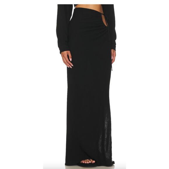 RUMER Black Ruched Maxi Skirt MEDIUM High Side Slits Hip Cutout Linen $229 NEW - Picture 2 of 10
